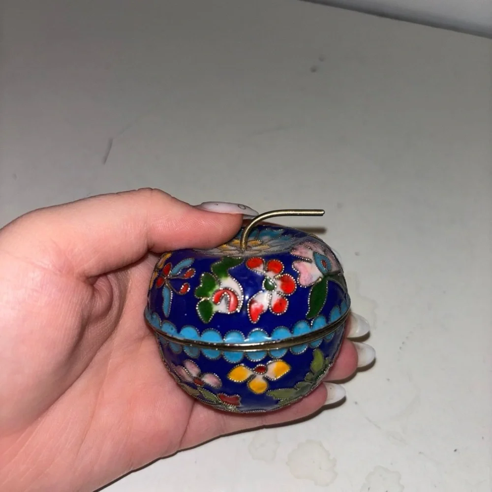 Vintage Chiness Apple Fruit Stem Shape with Flowers Metal Trinket Box